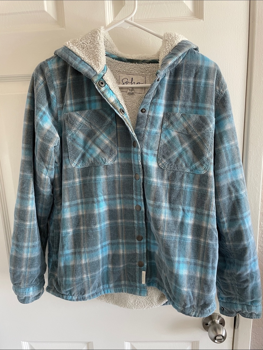 Soho Threads Blue Plaid Corduroy Sherpa-Lined Hooded Shirt Jacket M